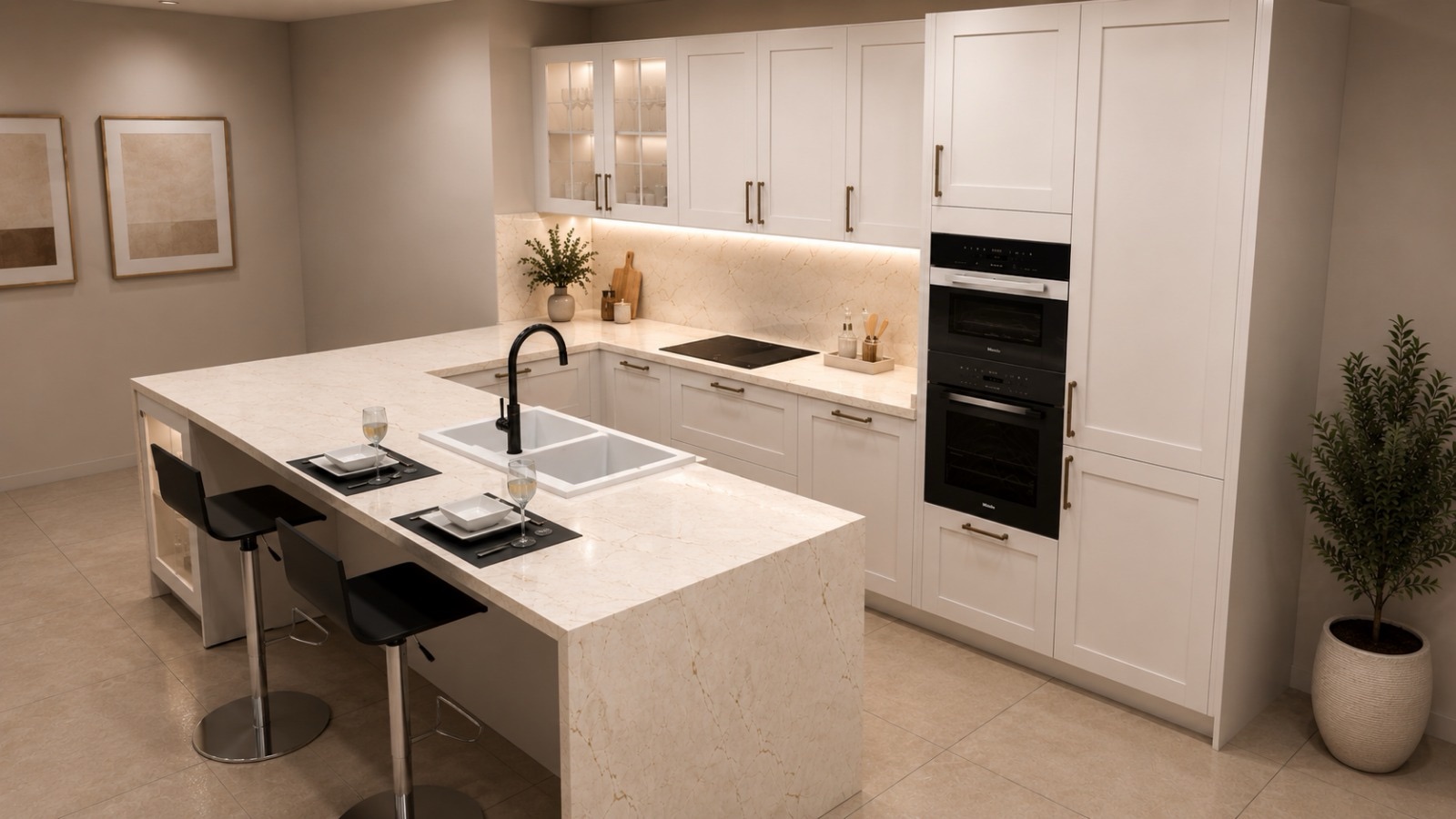 Kitchen in the Vives Tien21 showroom in Jávea: white units, a peninsula with a light stone worktop and Miele ovens in a tall unit