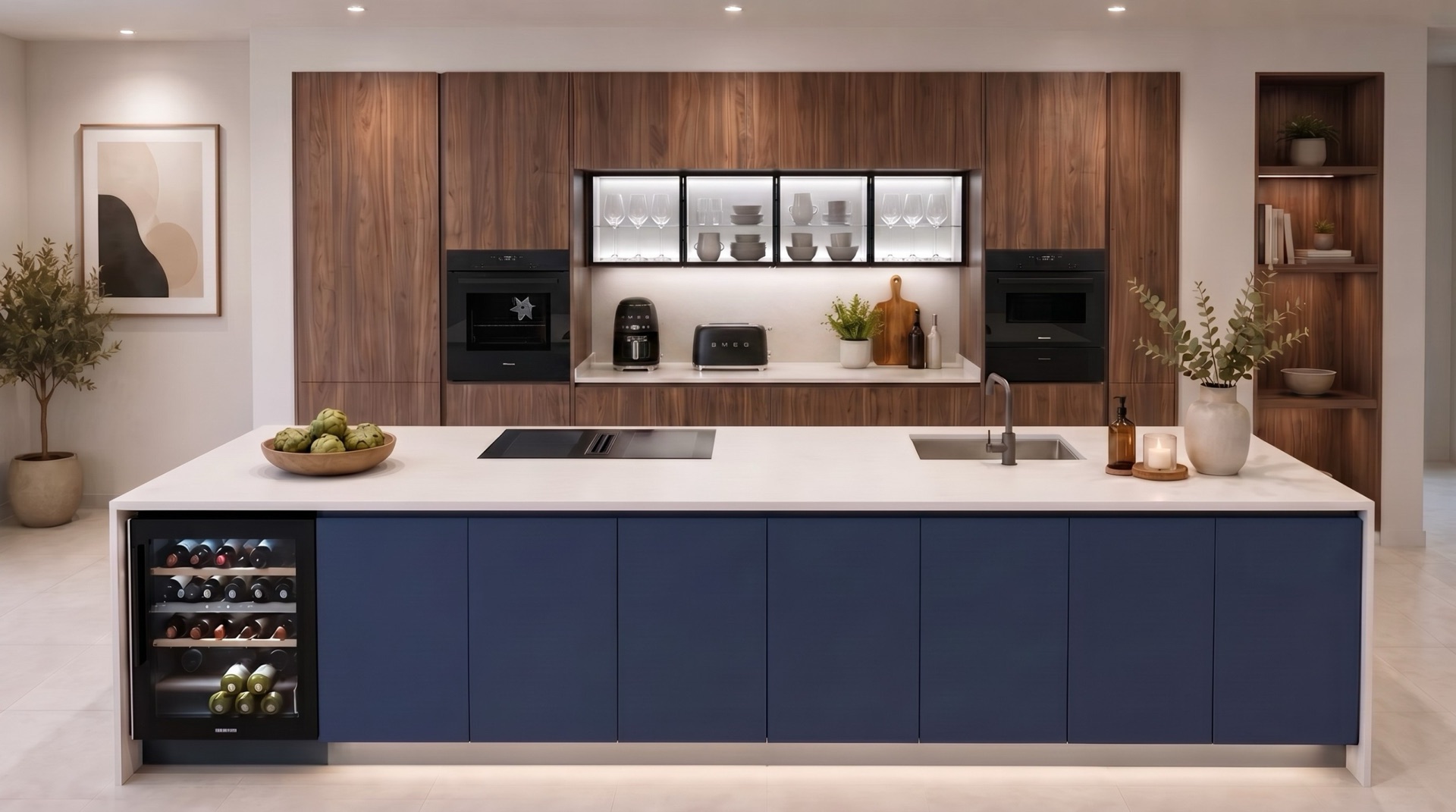 Second kitchen in the Vives Tien21 showroom in Jávea: walnut tall units with two ovens, a blue island with a white worktop, a hob with built-in extractor and a wine cooler